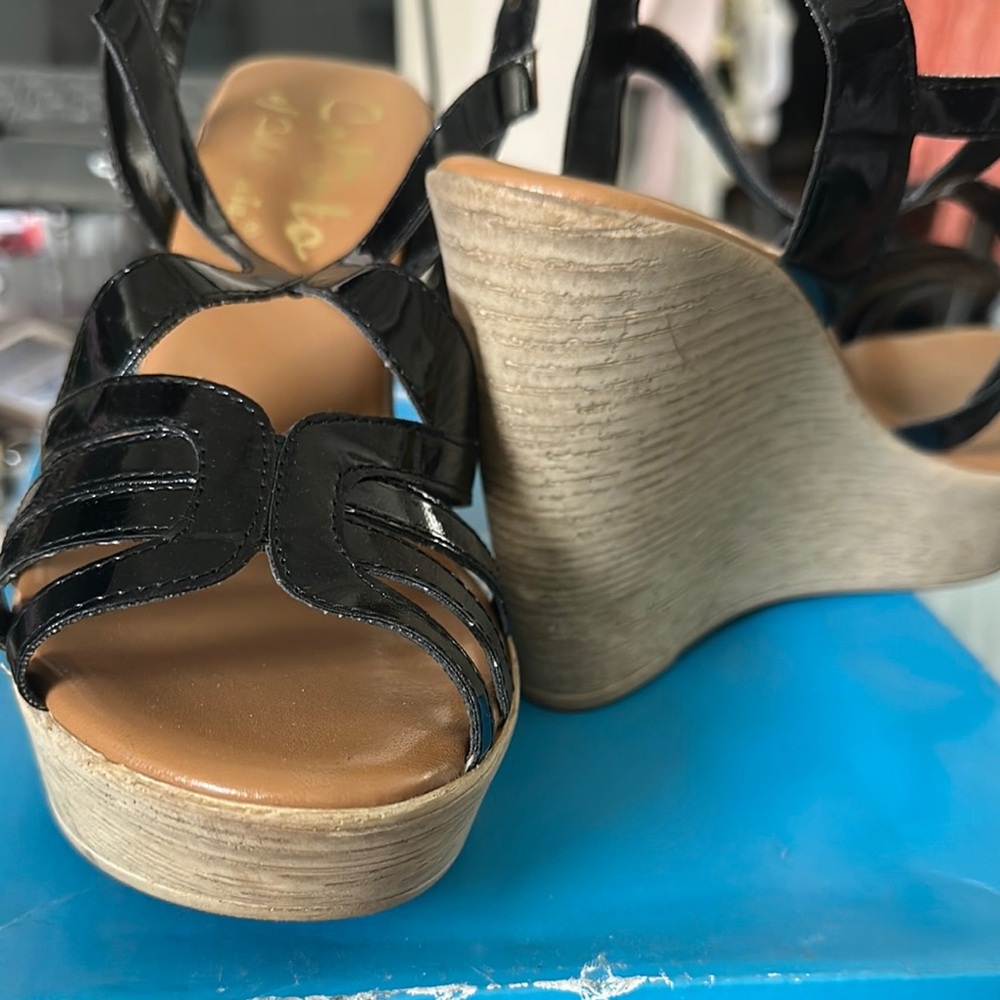 Callisto Black and Tan Wedge Sandals with Espadrille Heel